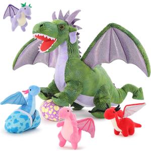 MaoGoLan 7 Pcs Dragon Plush Toy Set for Kid, 22 inch, Large Dragon Stuffed Animal with 4 Babies and 2 Eggs in Mom's Belly,Dinosaur Plush Gifts for Boy Girl Birthday Christmas Party Decor Green