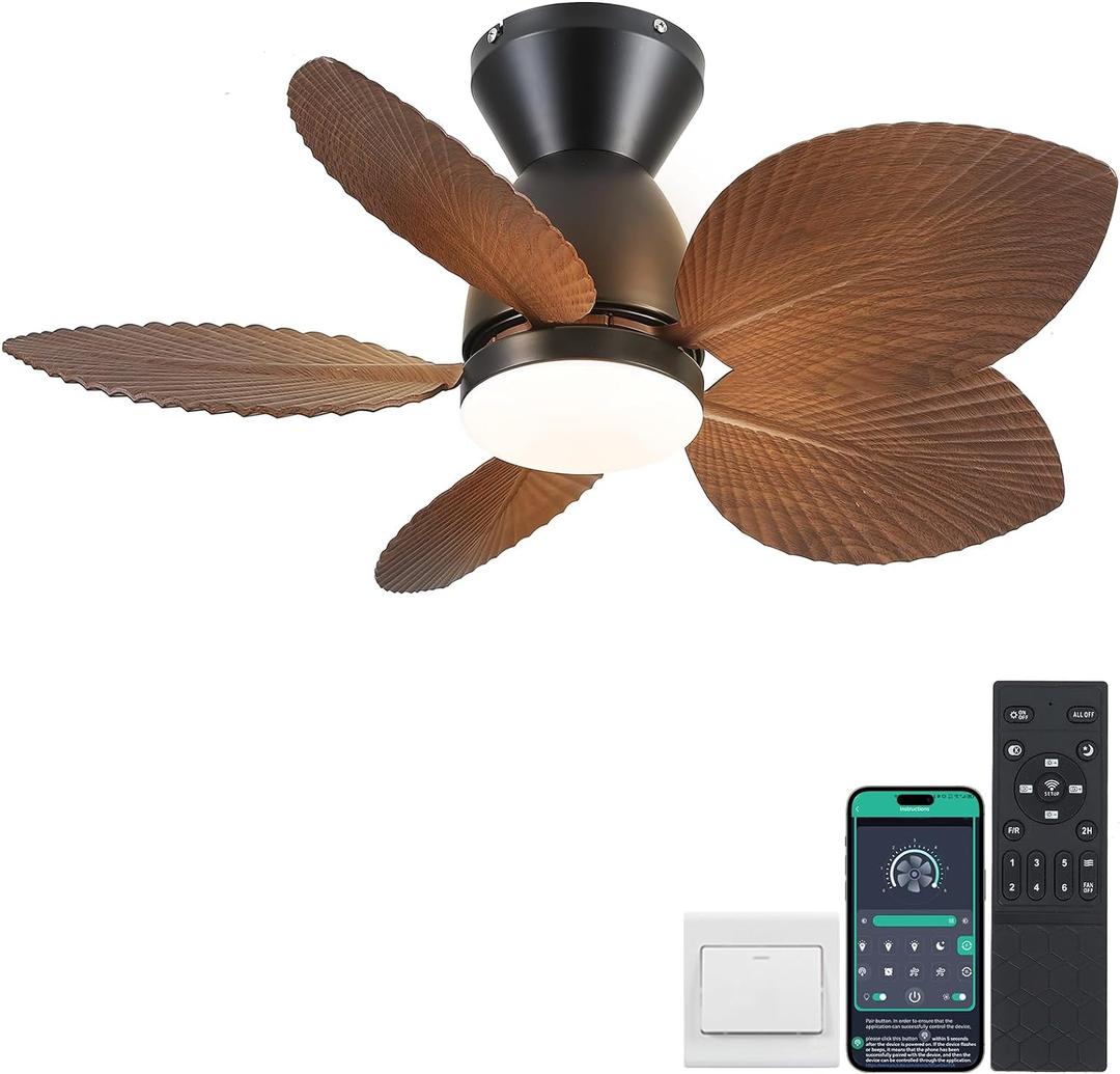 Low Profile Ceiling Fans with Lights and Remote/APP Control, 30 Inch Small Tropical Ceiling Fan with Light Flush Mount, Outdoor Palm Leaf Ceiling Fans for Patios Porch, Quiet, Brown
