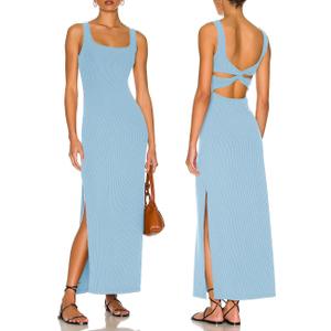 Women Backless Bodycon Maxi Dress High Side Slit Twist Back Tank Dress | Criss Cross Twist Back Clubwear Scoop Neck Evening Party Dress Casual Vacation Beach Sundress Sleeveless Slit Prom Gown (Blue, L)