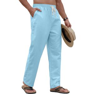 PLEPAN Men's Linen Pants Elastic Waist Drawstring Casual Summer Beach Lightweight Yoga Trousers Loose Fit (M)