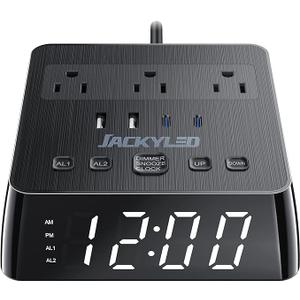 Alarm Clock with USB Charger JACKYLED Power Strip Total 4.8A USB Ports LED Full Screen Surge Protector 6.5ft Cord 4 Dimmer for Heavy Sleepers Compatible with Phone Tablet Computer Black