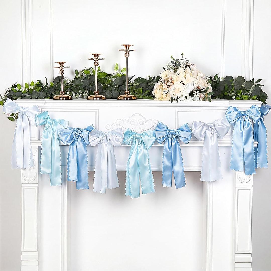VitalCozy Blue Bow Garland Decor for Coquette Party Decorations, Pre-Strung Blue Satin Ribbon Birthday Party Garland Bow Banner for Bridal Shower Bachelorette Wedding Birthday Engagement Supplies