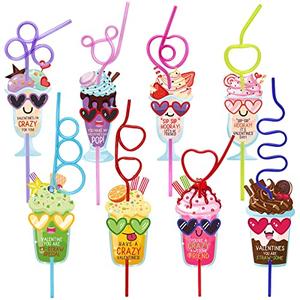 ZMCINER 32 Pack Valentines Day Cards for Kids school with Crazy Straws Valentines Day Gifts for School Classroom Valentine’s Exchange Greeting Cards