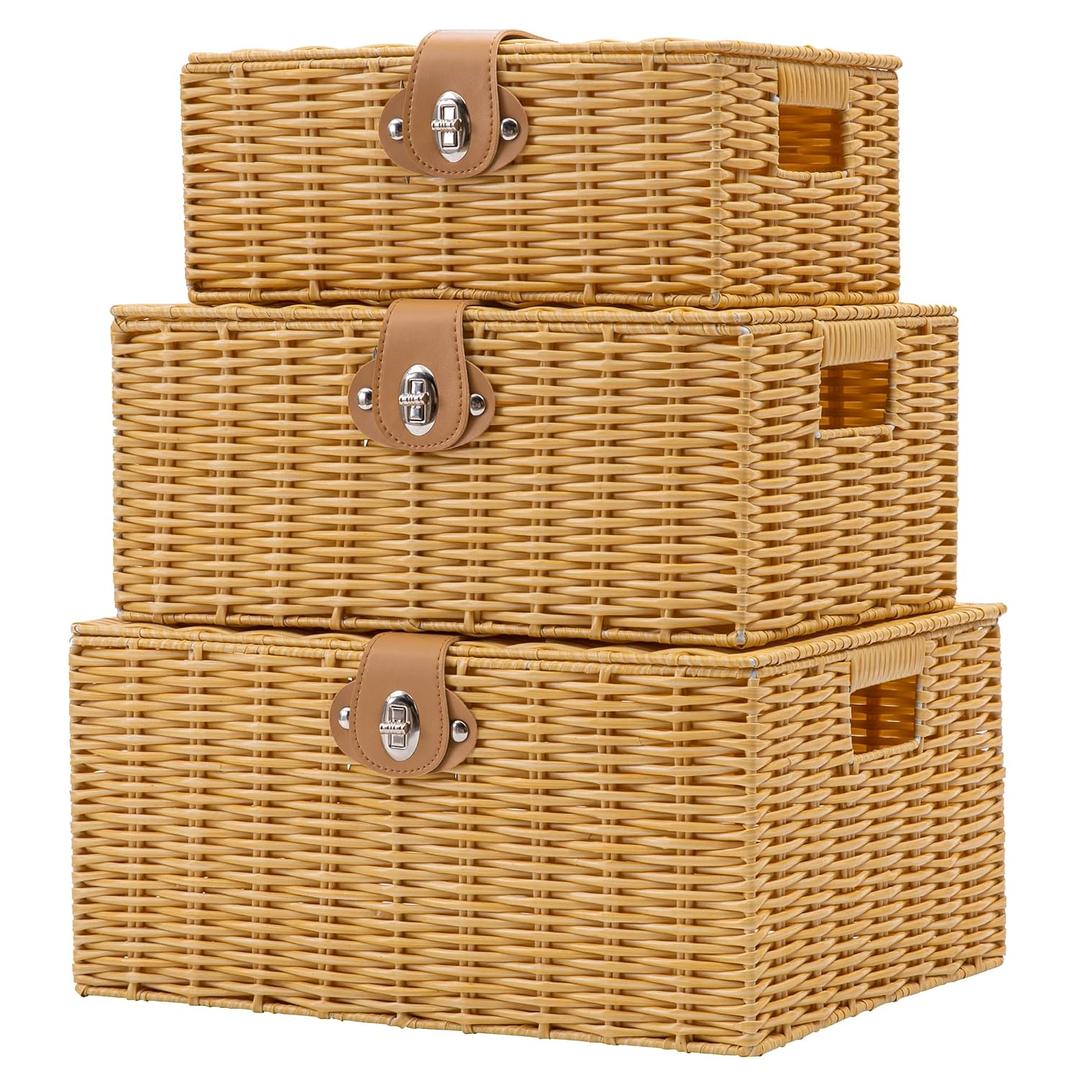 Wicker Storage Baskets with Lids, Set of 3 Decorative Storage Boxes For Organizing, Woven Baskets with Leather Lock and Handles (Beige)