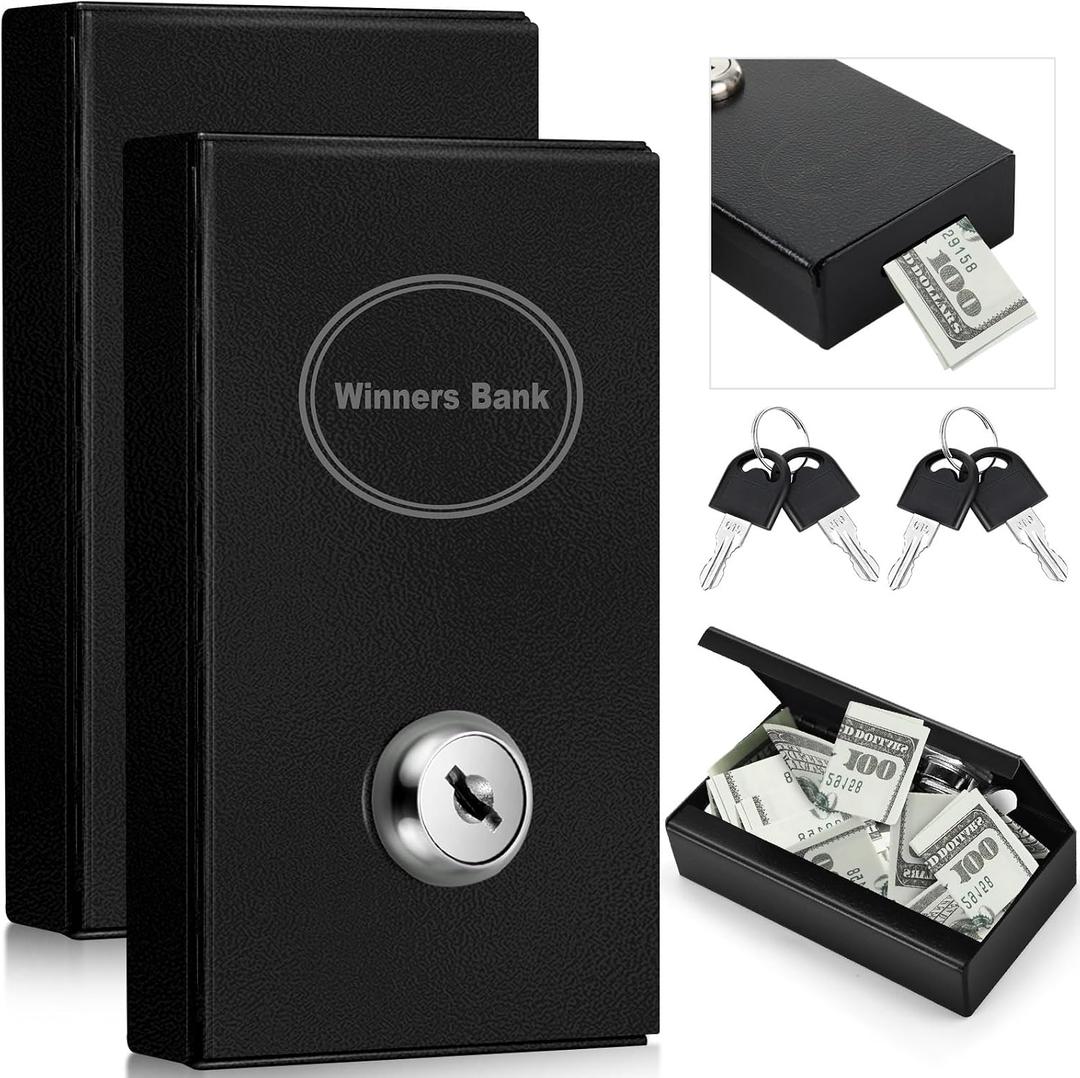 Reallnaive 2 Pack Metal Cash Box for Gamblers Portable Winner Bank Casino Cash Box with 2 Keys Pocket Sized Casino Money Safe Strongbox for Money Saving Gifts Go Home Travel(Black)