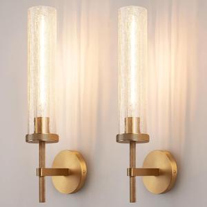 19.5" Knurled Brass Wall Sconces Set of 2, Gold Bathroom Vanity Light Fixtures with Crackle Glass Tube, Modern Lamp Lighting for Bedroom, Living Room, Hallway, Staircase, Mirror, Kitchen
