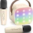 Mini Karaoke Machine with 2 Wireless Microphones for Kids Adults, Portable Bluetooth Speaker Gift for Girls Toys 4, 5, 6, 7, 8, 10, 12+ Years Old Teens Birthday(Beige)