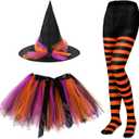 SATINIOR Halloween Witch Costume for Women 2025 Halloween Witch Hat Tutu Skirt and Striped Tights for Cosplay Party(Orange Black)