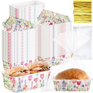 Honeydak 100 Sets Mini Loaf Pans Disposable Spring Paper Baking Pans Bulk 6.3 x 2.2 x 2.2 in Floral Serving Tray Wildflower Watercolor Pattern Party Supplies (Spring)