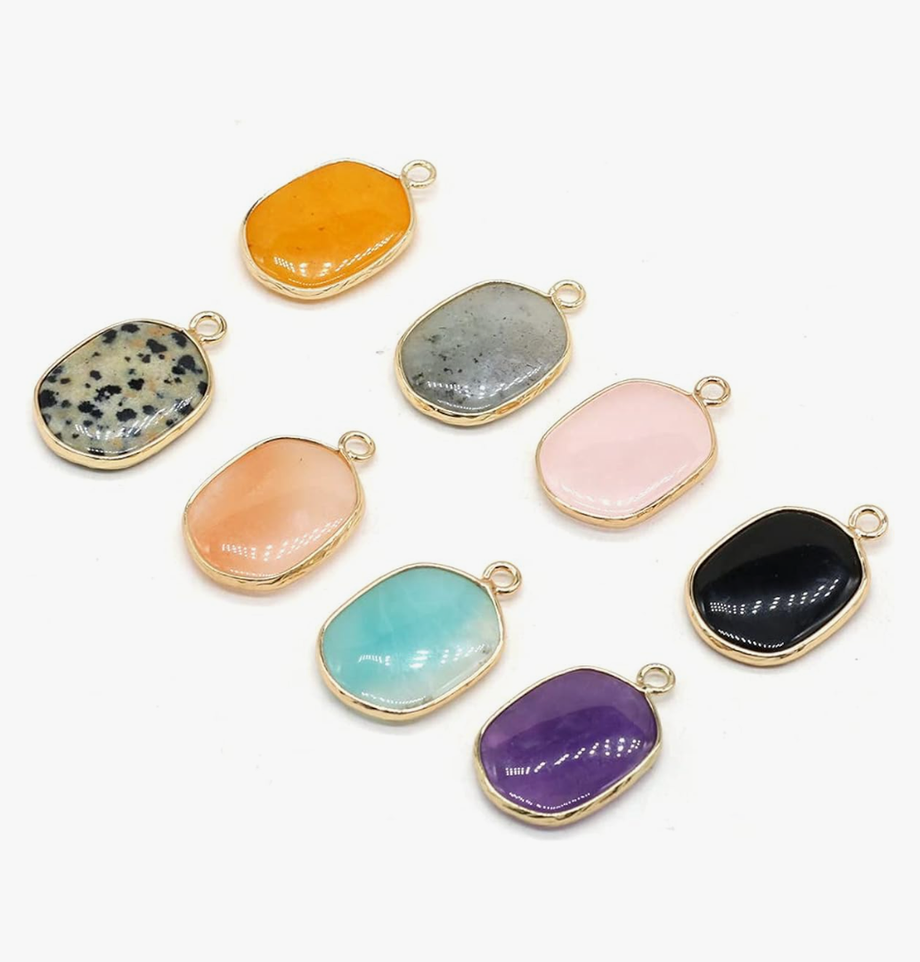 LE SKY 8 Pcs Natural Stone Pendants Rectangle Mixed Crystal Agate Stone Charms for Jewelry Making Necklace Accessories