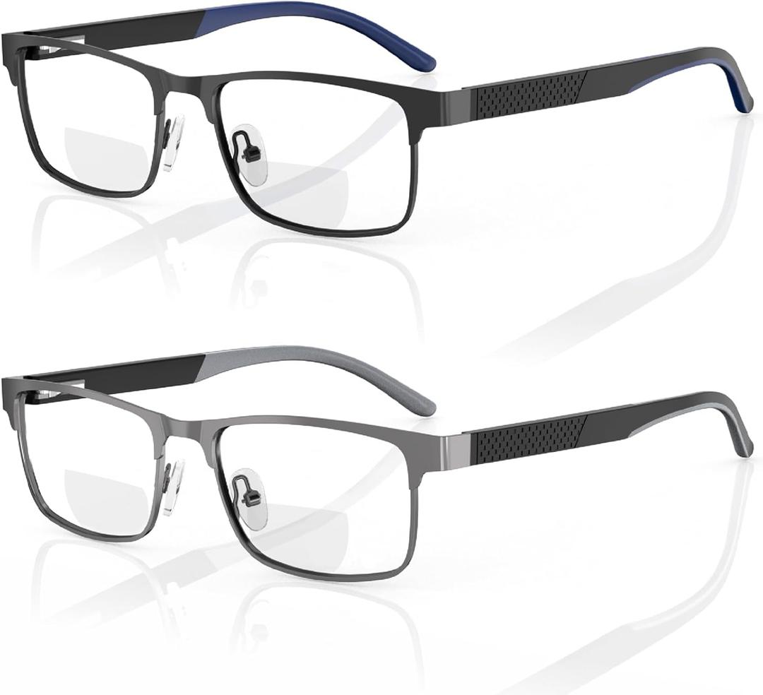 LianSan 2Pack Bifocal Reading Glasses - for Men Women, Top Clear Metal Frame Blue Light Computer Readers with Spring Hinge(Black&Grey Bifocal, 3.0x)