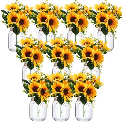 XunYee 10 Set Mason Jar Table Centerpiece with Flower Mason Jar Flower Centerpiece Vases Decor for Engagement Party Bridal Shower Centerpieces Wedding Reception Table Decor(Sunflower)