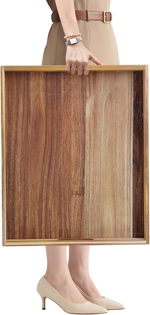 MAONAME Extra Large Ottoman Tray, 22 x 18 inches Acacia Wooden Serving Tray for with Handles,Farmhouse Wooden Decorative Trays, Coffee Table Trays for Living Room, Countertop, Charcuterie (Brown)