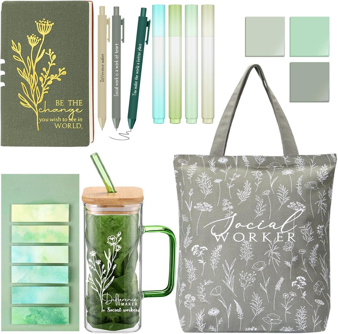 Reallnaive 15 Pcs Social Worker Appreciation Gifts 16 oz Glass Cup Canvas Bag Notebook Ballpoint Pen Sticky Note Graduation Gifts for Bsw Msw Dsw Lcsw Women Volunteer Coworker Office Supplies(Green)