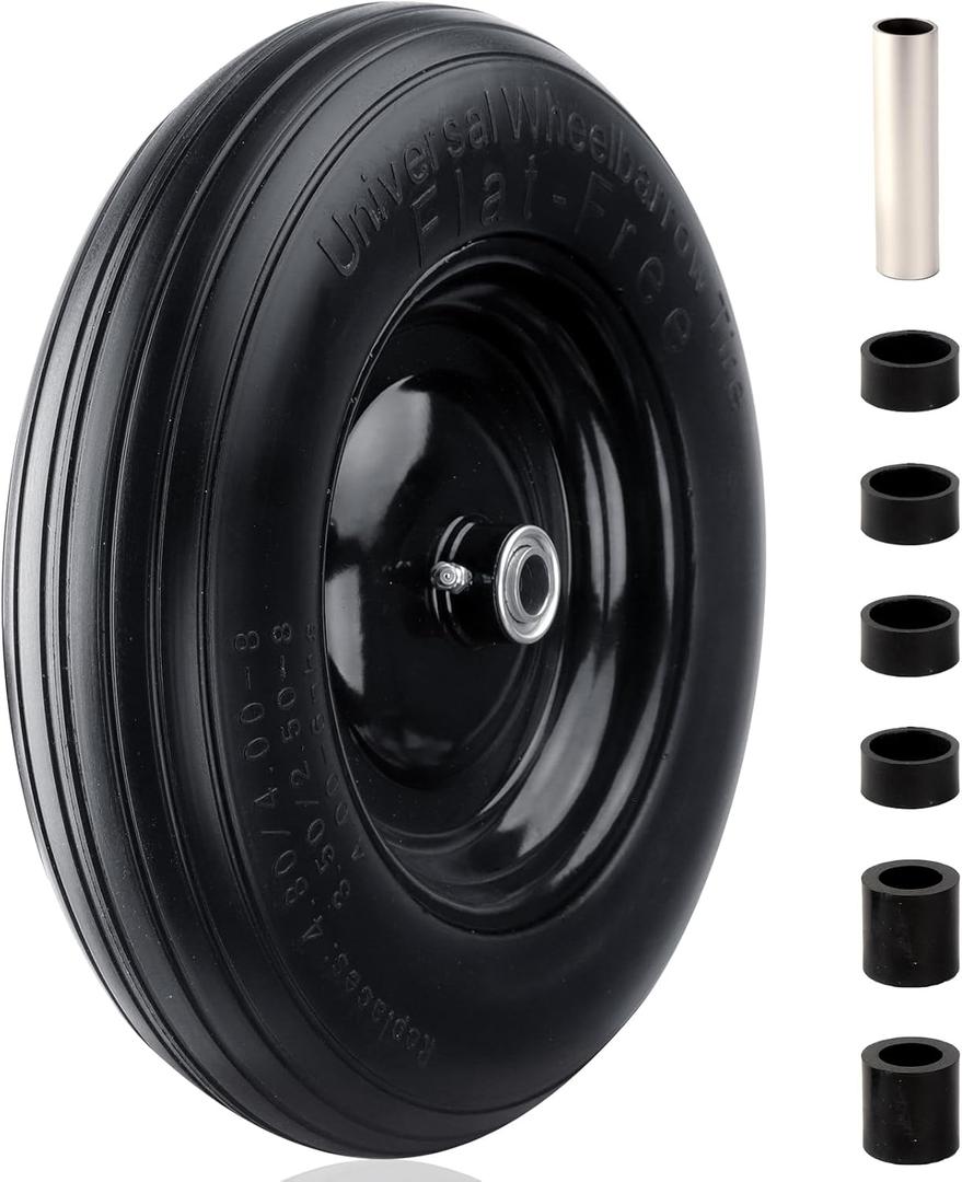 RRQ 4.80/4.00-8 Flat Free Tire and Wheel, 14.5" Solid Wheelbarrow Wheel, Universal Fit 3"-7" Hub, 3/4" Bearings and 5/8" Iron Axle Tube, Replacement for Hand Truck, Generator, Cart and More (1-Pack)