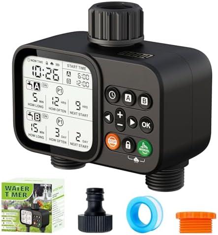 Sprinkler Timer for Garden Hose, 2 Zone Water Timer with with Auto Rain Delay, IP54 Waterproof 3.3“ Large LCD Drip Irrigation System Timers for Plant, Yard, Lawns, Outdoor