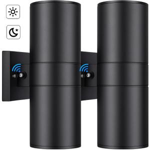 Modern Outdoor Wall Light with Dusk to Dawn Sensor, Exterior Light Fixture Wall Mount Waterproof Anti-Rust Cylinder, Up and Down 2 Lights Black Sconces for Porch Patio House Outside Entryway, 2-Pack