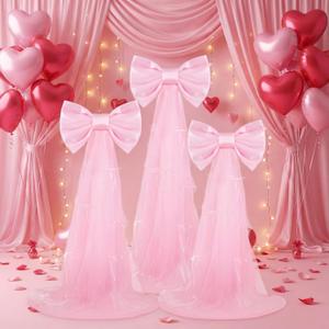 Havawish 3 Set Wedding Extra Large Pink Bow Decor 5 ft Giant Satin Pink Coquette Bow with Long Tulle Tails Girls Room Decor for Birthday Wedding Anniversary Engagement Bridal Party, Include Base