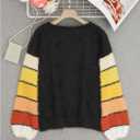 RoseSeek Women's Color Block Striped Chunky Sweaters Crew Neck Long Sleeve Fuzzy Jumper Tops (Black, L)