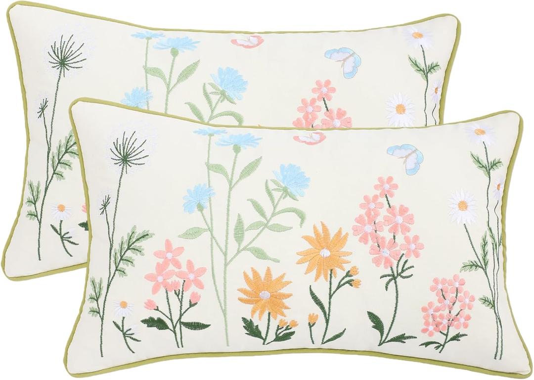 Floral Pillow Covers 12 x 20 Pack of 2 Vintage Butterfly with Flowers Embroidered Throw Pillow Covers Farmhouse Pillow Cushion Case Spring Summer Decorative Pillowcases Oblong Decor Pillow Case