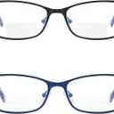 Bifocal Reading Glasses Women Blue Light Blocking With Clear Top Computer Reader Wide Metal Frame Stylish Designer Eyeglasses, +2,50