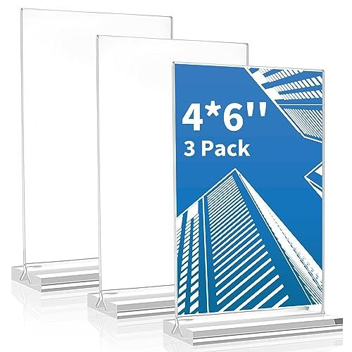 Acrylic Sign Holder 4x6 Inch, 3 Pack Sign Holders Vertical , Double Sided Display Clear TableTop Sign Holder, Acrylic Paper Holder for Wedding Reception, Party Decoration, Numbers Picture Frames