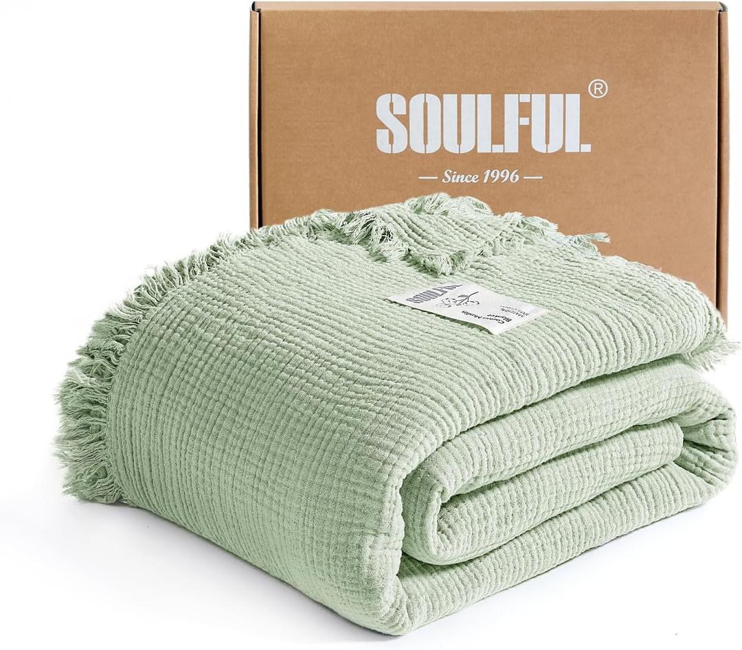 SOULFUL Muslin Throw Blanket with Tassels - Soft Twin Cotton Throw Blanket for Couch or Bed, Lightweight and Breathable Gauze for All Seasons, Grassgreen, 60" x 80"