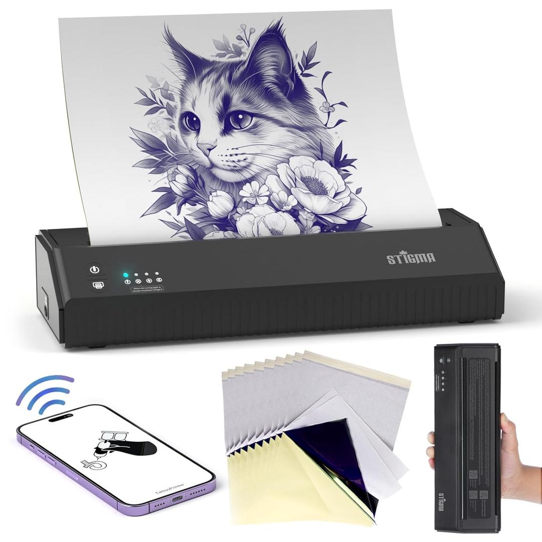 STIGMA P8008 Bluetooth Tattoo Stencil Printer with 10Pcs Transfer Paper Wireless Thermal Tattoo Copier Machine Mini Tattoo Printer 2500mAh for Tattooing Compatible with iOS,Android & PC MHT-P8008-US