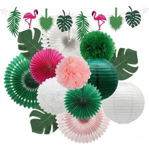 14 Pcs Tropical Party Decorations Set - Pre-Strung Flamingo Banner, Paper Fans, Lanterns & Palm Leaves - Hawaiian Themed Luau Party Decorations for Summer Beach, Pool & Birthday (Green Pink)