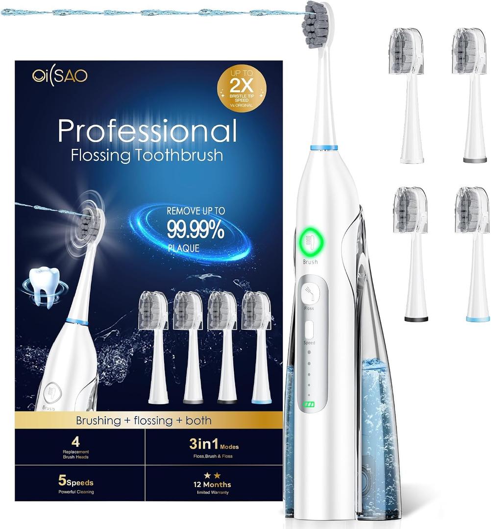 Electric Toothbrush with Water Flosser, All in One Sonic Flossing Toothbrush with 3 Modes & 5 Flossing Speeds & 4 Brush Heads, Rechargeable & Portable for Adult Teeth Cleaning,White