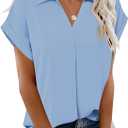 Blouses for Women Dressy Casual 2026 Summer V Neck Tops Short Sleeve Soild Color Blouse for Business Work (Blue, L)