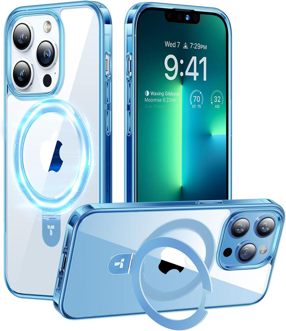 TORRAS Magnetic UPRO Ostand for iPhone 13 Pro Max Case [Compatible with MagSafe] Adjustable Stand [Never Yellow] [MIL-Grade Protection] Hard Clear Case for iPhone 13 Pro Max, 6.7'', Blue Clear