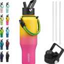 BJPKPK Insulated Water Bottles with Straw Lid, 35oz Metal Water Bottle with 2 lids & Paracord Strap, Double Wall Stainless Steel Vacuum Tumblers, Cups, Thermo for Hot& Cold Drinks, Pink & Yellow Rose