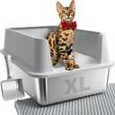 Stainless Steel Litter Box, Extra Large Litter Boxes for Big Cats, XL Metal Cat Litter Box with High Sides Lid, Anti-Urine Leakage, Never Absorbs Odors, Easy Cleaning, Non-Stick, Include Scoop and Mat