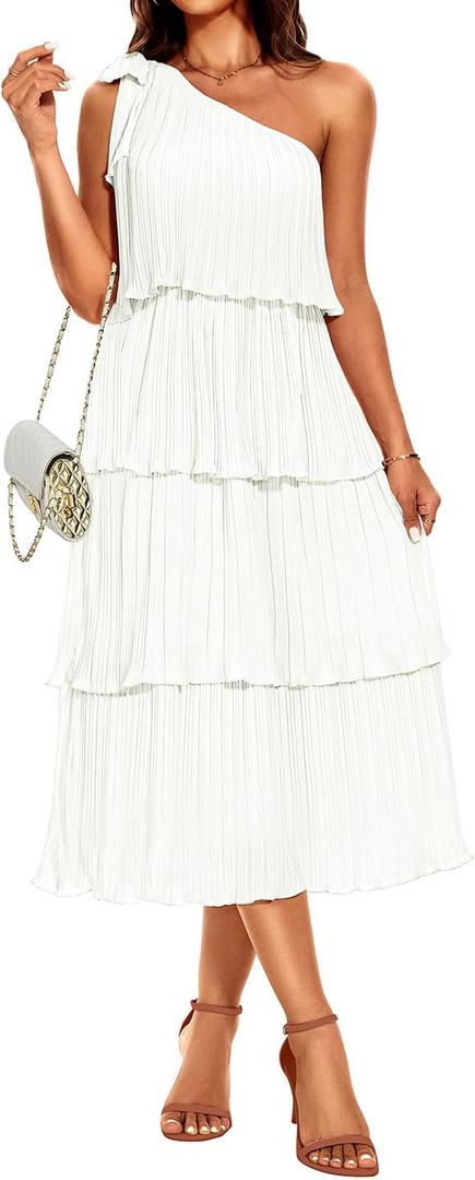 Pinup Fashion Women's 2024 Summer One Shoulder Sleeveless Dress Knot Pleated Ruffle Tiered Layered Chiffon Flowy Midi Dresses (Medium, White)