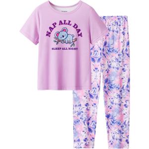 Little Big Girls Pajamas 2PCS Set Soft Cartoon Short Sleeve with Tie Dye Pants Sleepwear Teens PJS Clothes Size 6-16 (Pink, S)