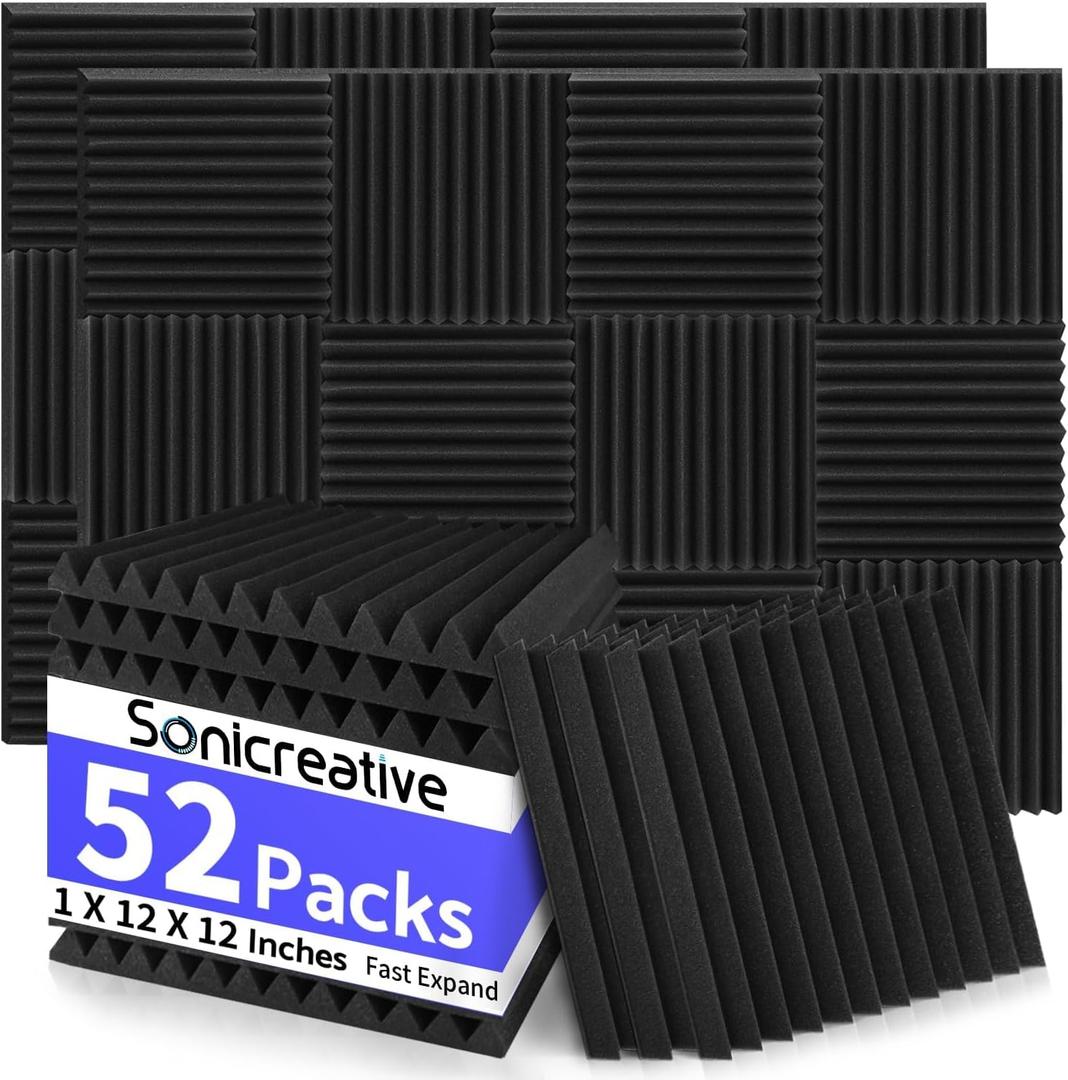 52 Pack Acoustic Foam Panels 1 X 12 X 12 Inches Sound Proof Foam Panels for Walls High Density Studio Wedge Soundproof Wall Panels Sound Proofing Acoustic Panels (1" 52Packs)
