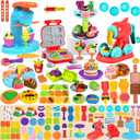 Aprilwolf 75 PCS 4 in 1 Dough Sets for Kids Ages 3-4-8, Art Crafts Dough Tools Kit, Ice Cream Playset Noodle Hamburger Maker Machine Dessert Rack, Kitchen Creations Food Play Toys Toddlers Boys Girls