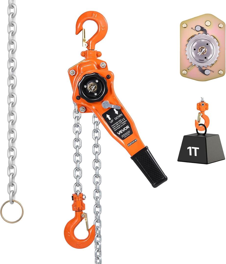 VEVOR Manual Lever Chain Hoist, 1T 2200LBS Capacity Heavy Duty Come Along, 10FT Lift G80 Alloy Steel Chain with Dual Pawl Mechanical Brake,360Rotating Hooks, for Warehouse Construction Garage (Orange)