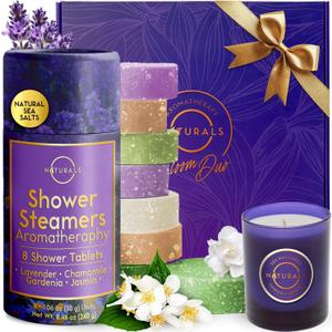 Shower Steamers Aromatherapy - Birthday Gifts for Women - Shower Bombs Aromatherapy, Spa Day Essentials, Relaxation Spa Gifts - Self Care Unique Gifts for Women and Men (Gift Set w/Scented Candle) (1 Count (Pack of 8))