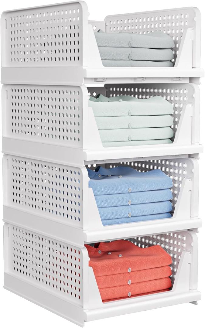 4 Pack Stackable Closet Storage Basket - Stackable Storage Bins, Multifunctional & Foldable Closet Organizer Divided, Wardrobe Cupboard Space-Saving Clothes Storage Hat Organizer, White