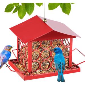 Bird Feeder for Outdoors, Metal House Style Bird Feeders, Outside Hanging Birdfeeder for Garden Yard Birdwatching -Red