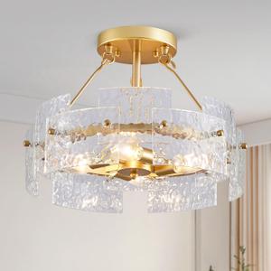 XINGQI Modern Gold Ceiling 4-Light Farmhouse Water Ripple Glass Ceiling Lighting Fixture 15.7" Drum Ceiling Lights for Bedroom Dining Room Living Room Hallway Entryway Closet