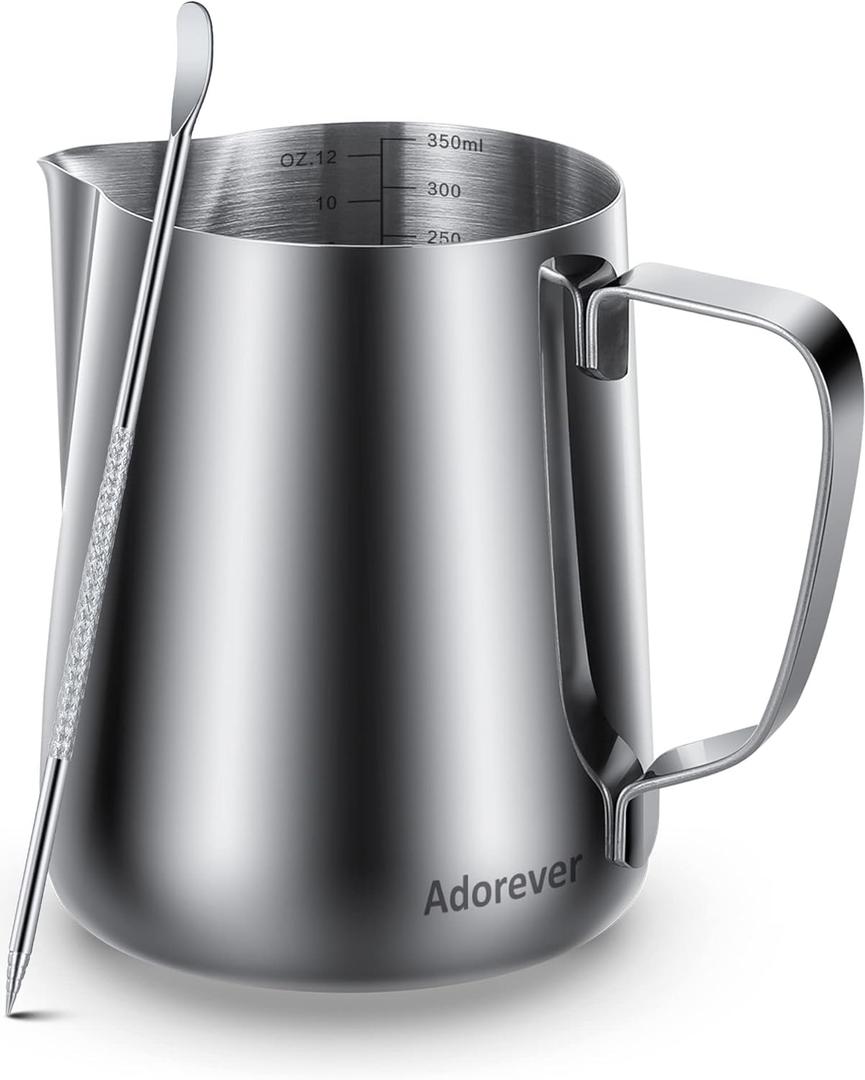 Milk Frothing Pitcher Steaming Pitchers Stainless Steel Milk/Coffee/Cappuccino/Latte Art Barista Steam Pitchers Milk Jug Cup with Art Pen, 12oz