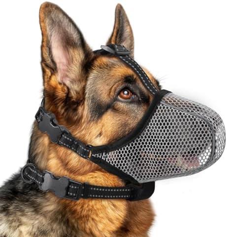 Dog Muzzle,Mesh Soft Muzzle for Large Sized Dogs, Breathable Reflective Adjustable Puppy Muzzles with Collar for Scavenging Grooming Biting Chewing,Allows Panting and Drinking(Grey XXL)