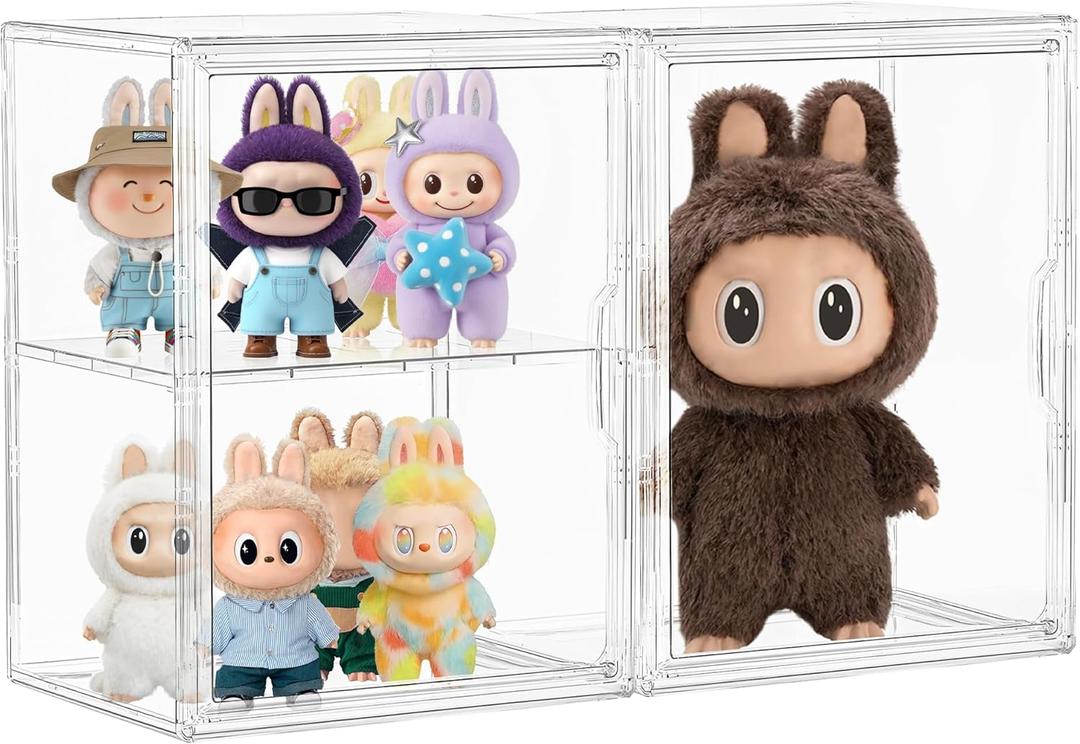 Acrylic Display Case for Collectibles, 2 Pack Figure Clear Display Cases, 3 Adjustable Layers with a Removable Divider Storage Box with Magnetic Door,Large