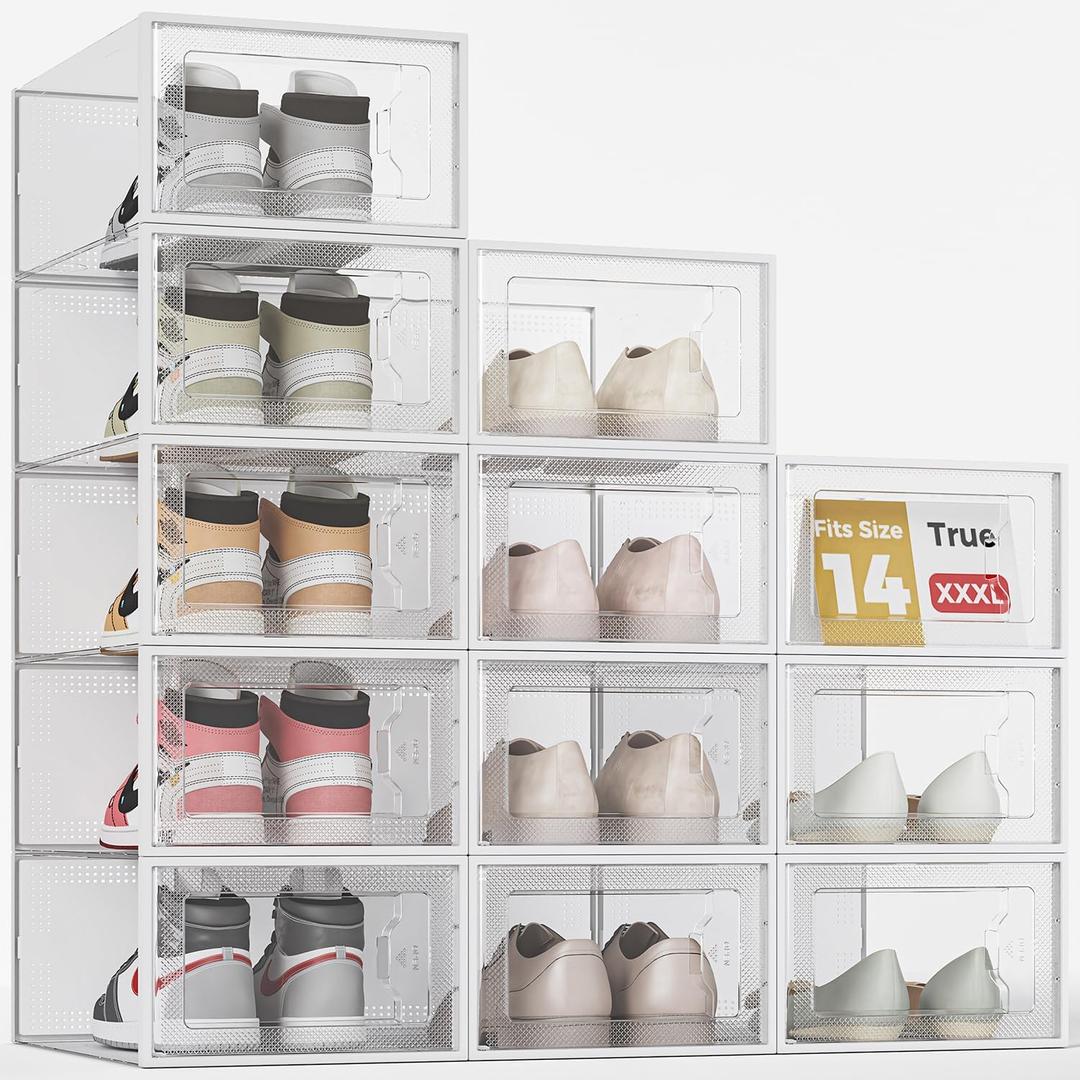 SEE SPRING XXX-Large Fit Size 14 Shoe Storage Box, Clear Plastic Stackable Shoe Organizer for Closet, Shoe Rack Sneaker Container Bin Holder for Entryway, Closet, Under Bed