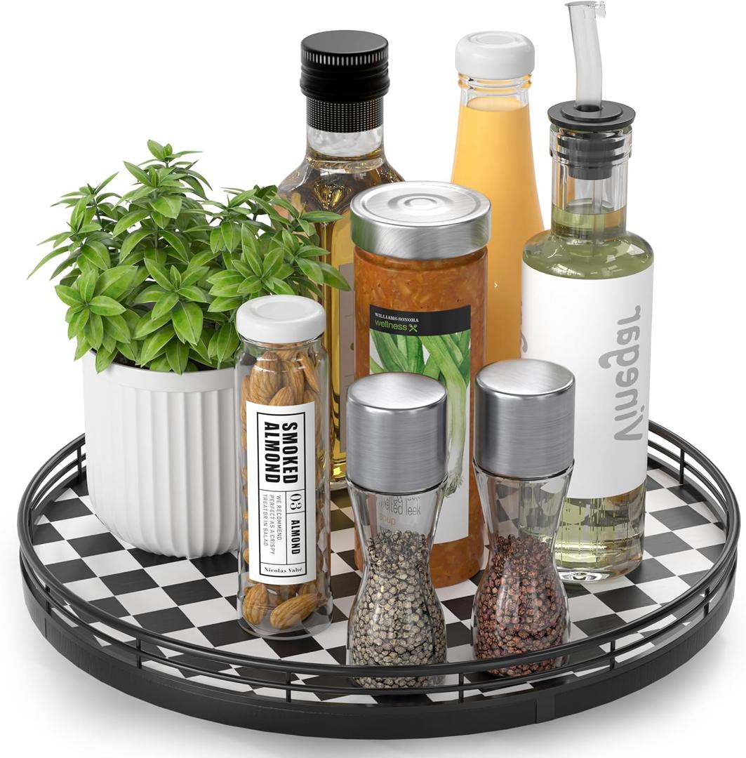Black and White Kitchen Lazy Susan Turntable  Round Checkered Decorative Tray, 12 Table Top Oak Wood Lazy Susan for Cookies, Dining Table Organizer, Small Kitchen Table Centerpiece