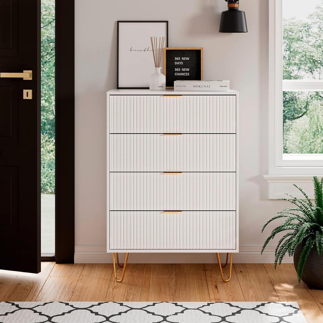 Masupu 4 Drawer Dresser, Drawer Chest, Tall Storage Chest Cabinet Organizer Unit with Metal Legs, Small Dresser for Bedroom, Living Room, Closet, Hallway White Stripe, 13.4"D x 23.6"W x 35.8"H