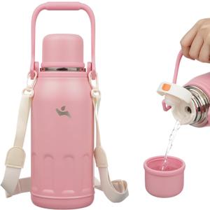 Insulated Water Bottle with Handle and Strap,Vacuum Travel Tumbler with Cup Lid,Thermo Coffee Cup for Hot Cold Drinks 40 OZ,Pink